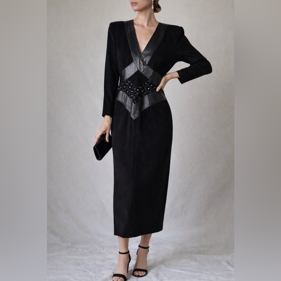 Vintage Dresses & Skirts - Vintage 1980s EREZ Leather Panel Evening Dress • Black Suede & Velvet • S/M